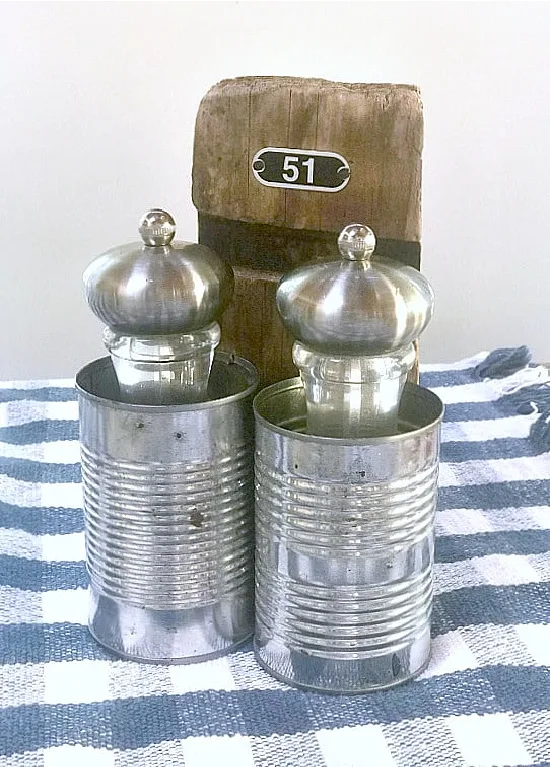salt and pepper in an aluminum can tote