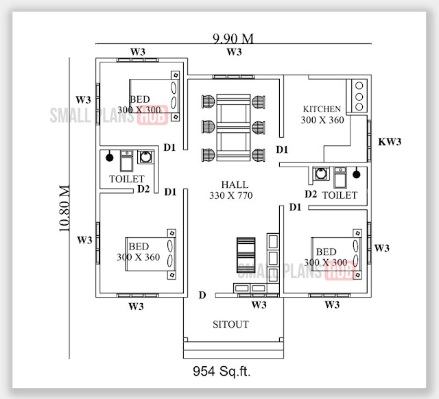 954 Sq.ft 3 Bedroom Single Floor Plan and Elevation