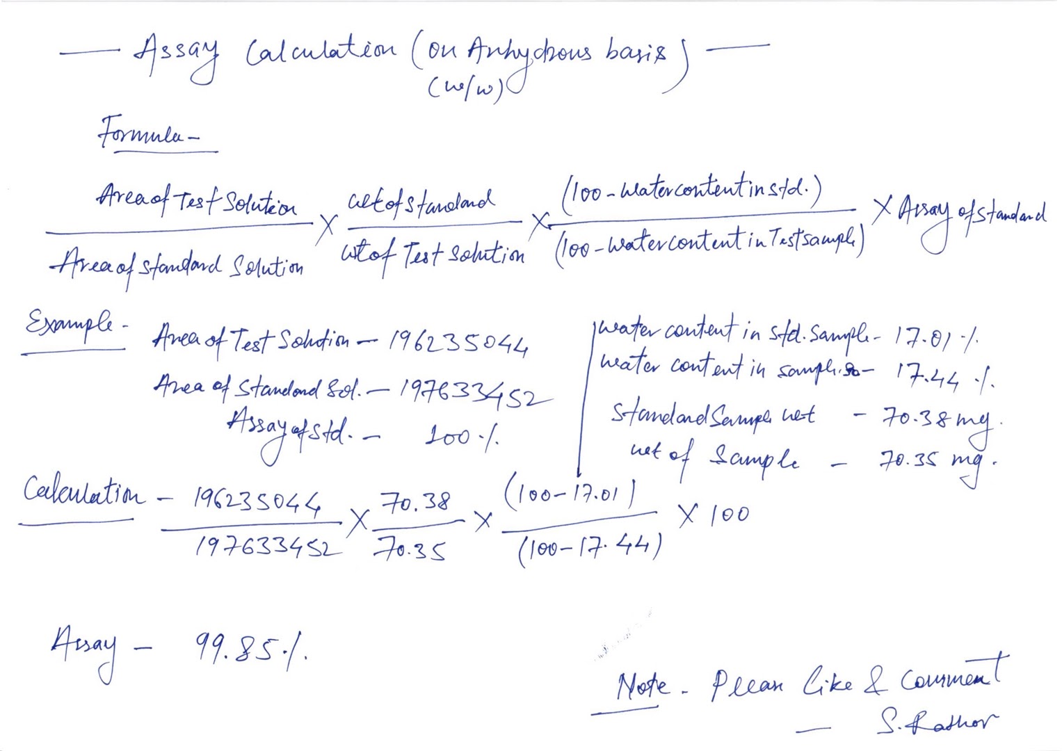 HPLCWOOD Assay Calculation on Anhydrous basis