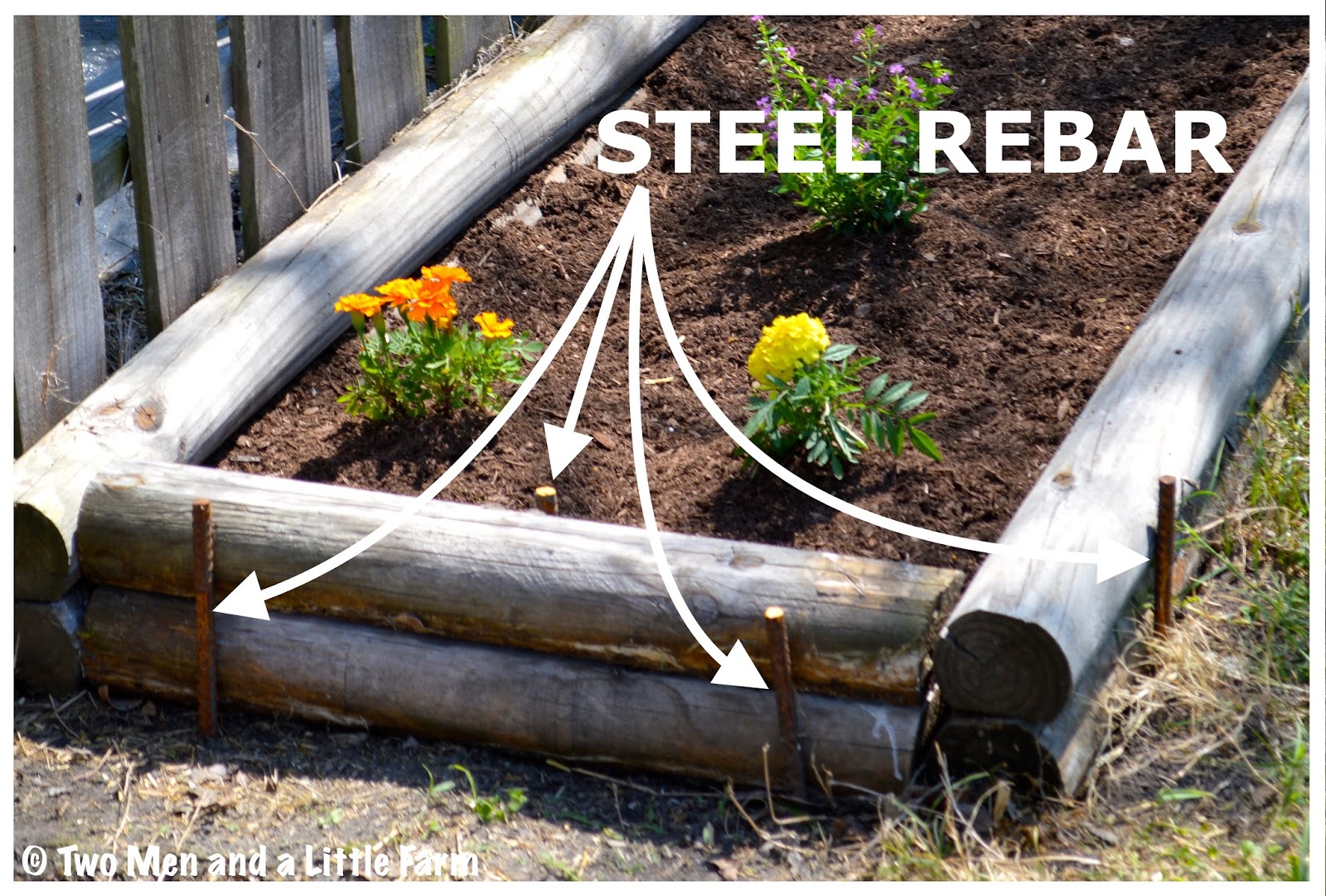 Two Men and a Little Farm STEEL REBAR IN LANDSCAPE TIMBER FLOWERBEDS