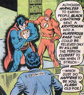 Action Comics #441, the Flash watches on as Superman is zapped by black Kryptonian lightning
