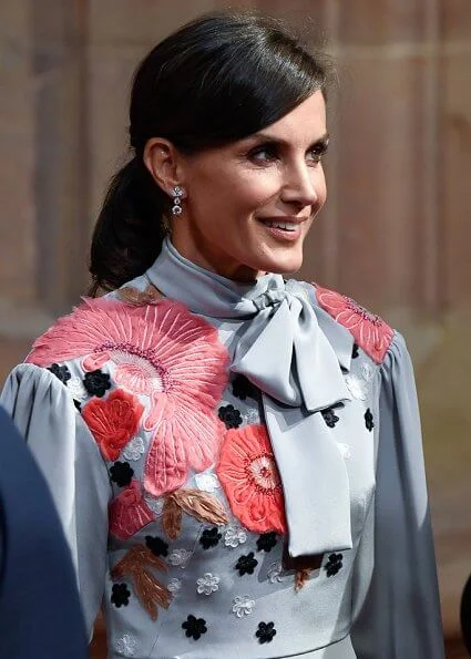 Queen Letizia wore a new floral embroidery dress by Manuel Pertegaz. Crown Princess Leonor and Infanta Sofia