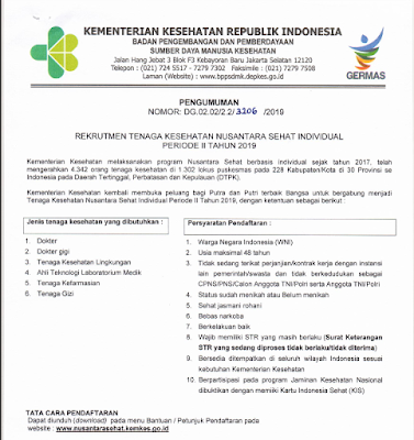 Jadwal Rekrutmen Tenaga Kesehatan Nusantara Sehat Individual Periode II Tahun 2019 Salam semangat buat seluruh Tenaga Kesehatan Dokter Jadwal Rekrutmen Tenaga Kesehatan Nusantara Sehat Individual Periode II Tahun 2019