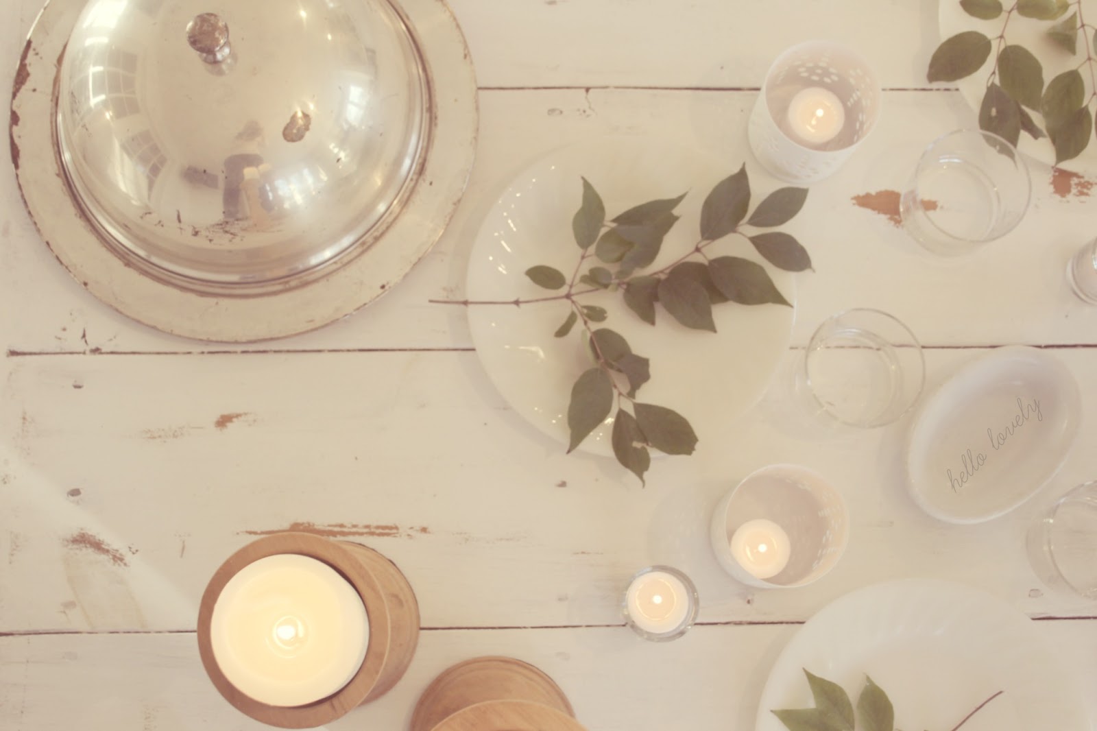 White farm table with romantic Farmhouse Christmas holiday decorating shabby chic