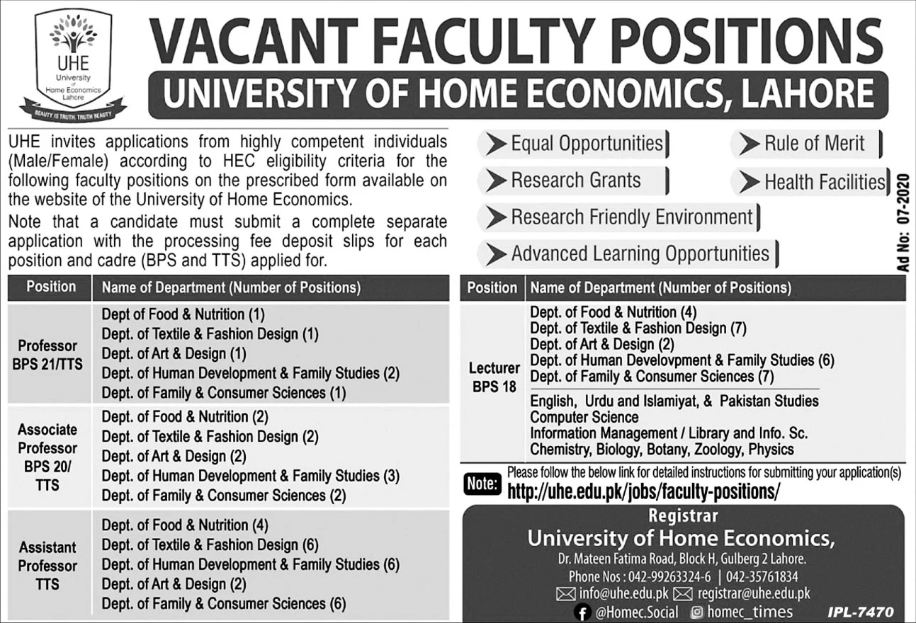 University of home economics jobs lahore 2020 Latest Jobs Portal