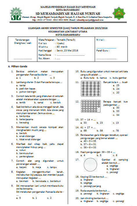 Soal Ulangan Kelas 1 Sd Kunci Dunia