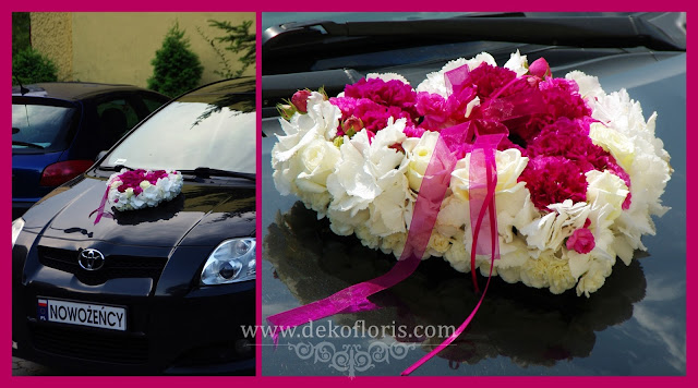 Ślubna dekoracja samochodu nowożeńców -opolskie - kwiatowe serce fuksja