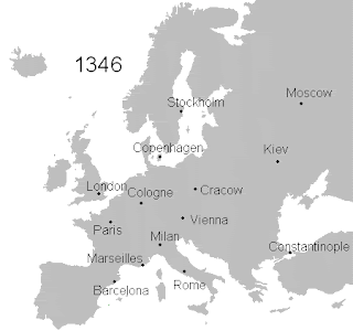Veba salgınının Avrupa'da yıllara göre yayılımı.
