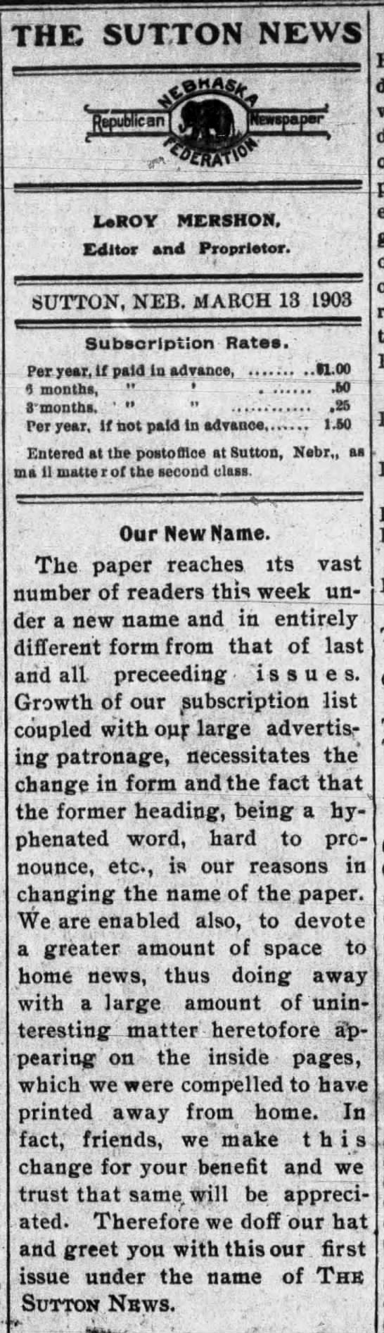 Sutton Nebraska Museum The Sutton News 19031936 is now on