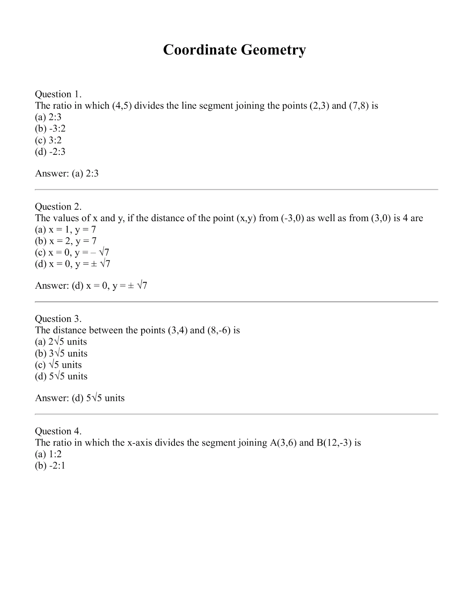 Coordinate Geometry MCQ s And Case Study Coordinate Geometry MCQ s And Case Study