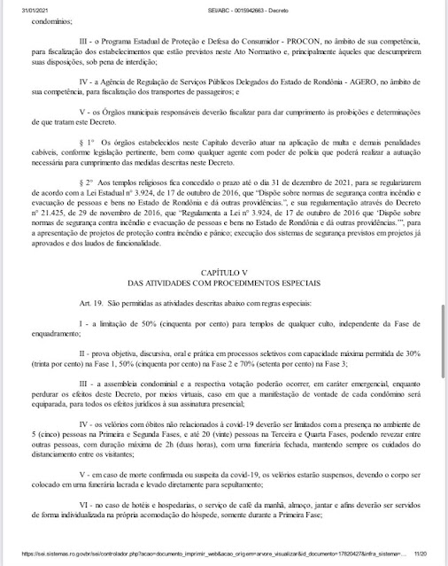 Novo decreto mantém Porto Velho e outras 11 cidades na Fase 1 e determina toque de recolher das 21h às 6h 32 Novo decreto mantém Porto Velho e outras 11 cidades na Fase 1 e determina toque de recolher das 21h às 6h