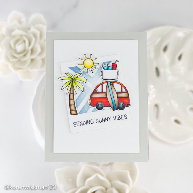 palm tree, car, surboard, cooler, sun, stamps, dies, my favorite things, sending sunny vibes, beach, summer, crafty, card making, ink blending, die cutting, red, blue, green, yellow, white, gray