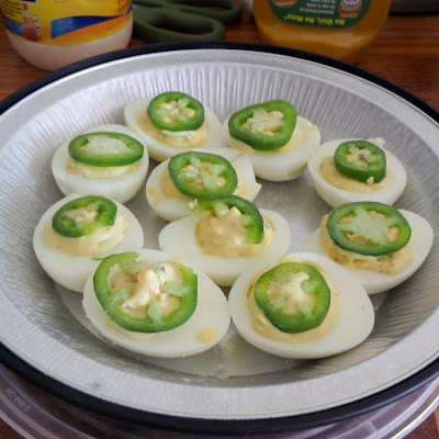 Jalapeno Deviled Eggs:  Hard-boiled eggs, split, and the whites filled with a spicy jalapeno yolk mixture.