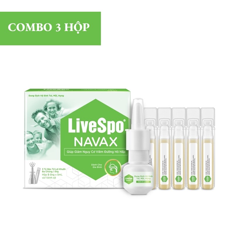 LiveSpo Navax Combo 3 hộp Dung dịch vệ sinh tai, mũi, họng – Dành cho mọi gia đình Hộp 5 ống + 1 bình xịt.