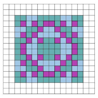 Central square in light blue, turquoise, and deep violet