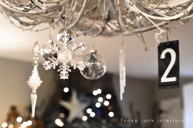 White twig chandelier decked out for Christmas via Funky Junk Interiors - Christmas home tour 2012