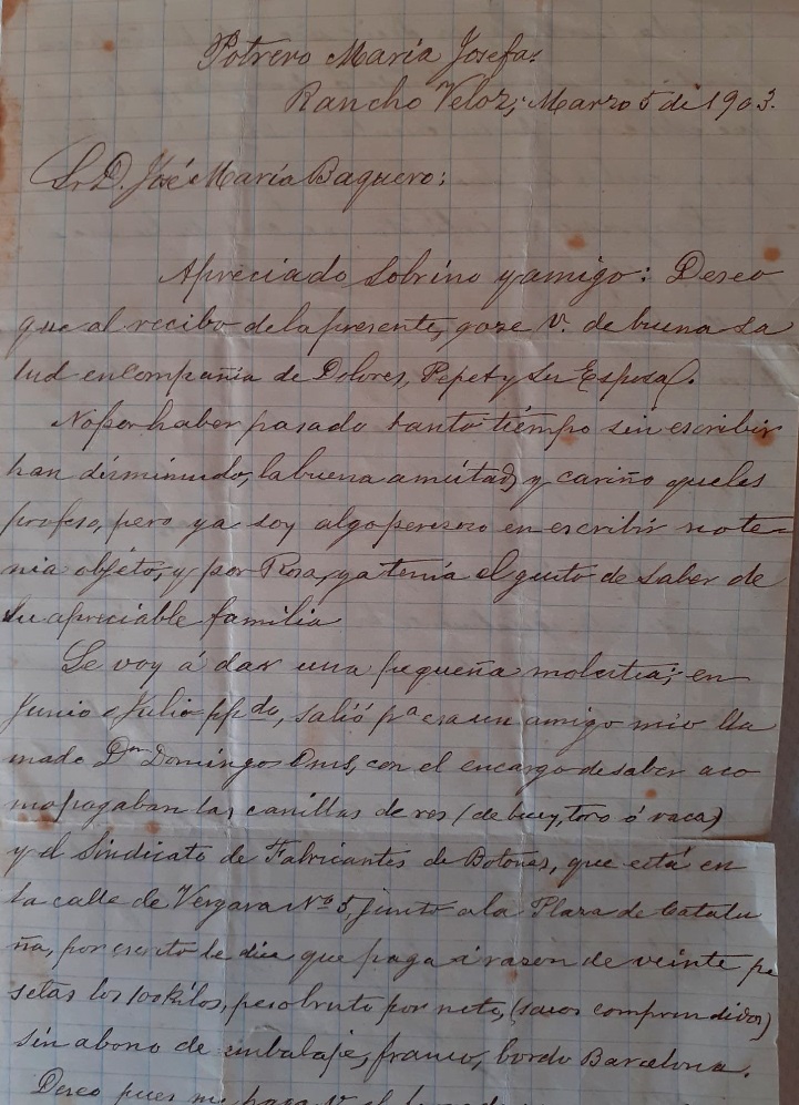 Carta de Juan Peyra a su sobrino José María Baquero Domínguez Carta de Juan Peyra a su sobrino José María Baquero Domínguez