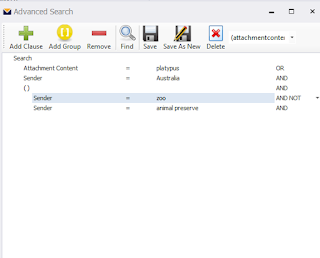 Advanced Search form in MailDex. Screen image shows functions for creating an advanced email search that includes multiple match criteria.