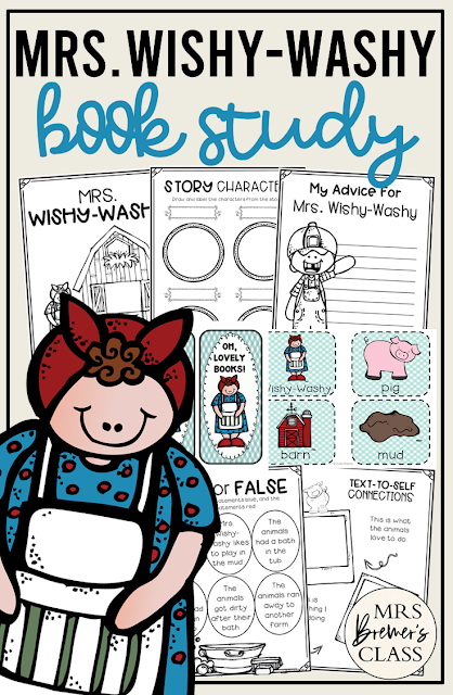 Mrs Wishy Washy book study activities unit with Common Core aligned literacy companion activities and a class book for Kindergarten and First Grade