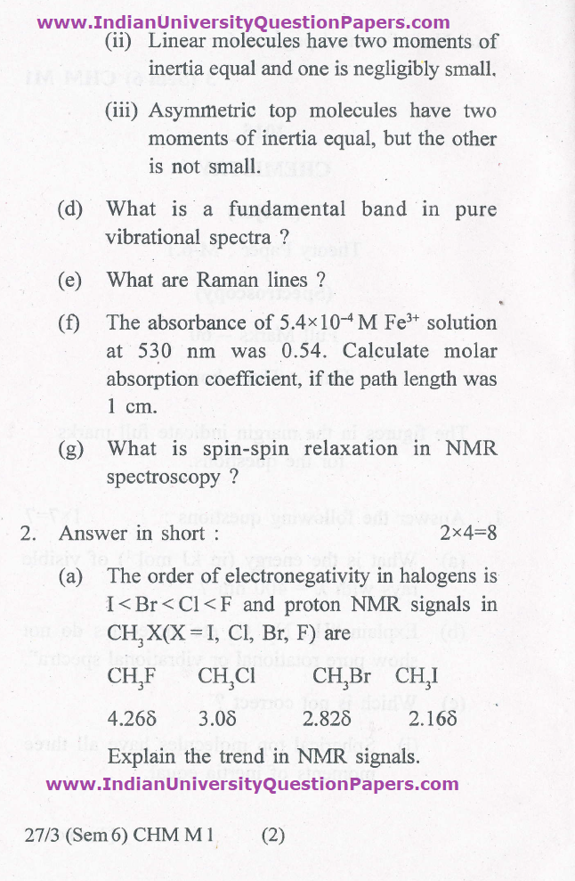 Gauhati University B.Sc Chemistry Major Paper M6.1 Spectroscopy 6th