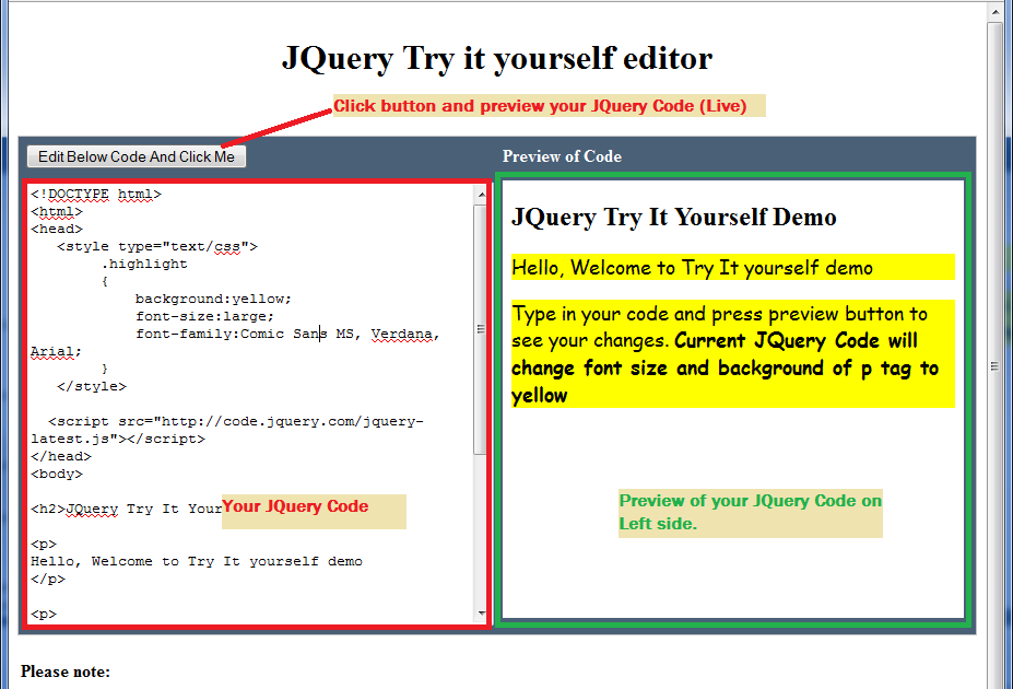 Geest blad Hong Kong ASP.Net, C#, SQL, JQuery, Sharepoint: JQuery Try it yourself editor