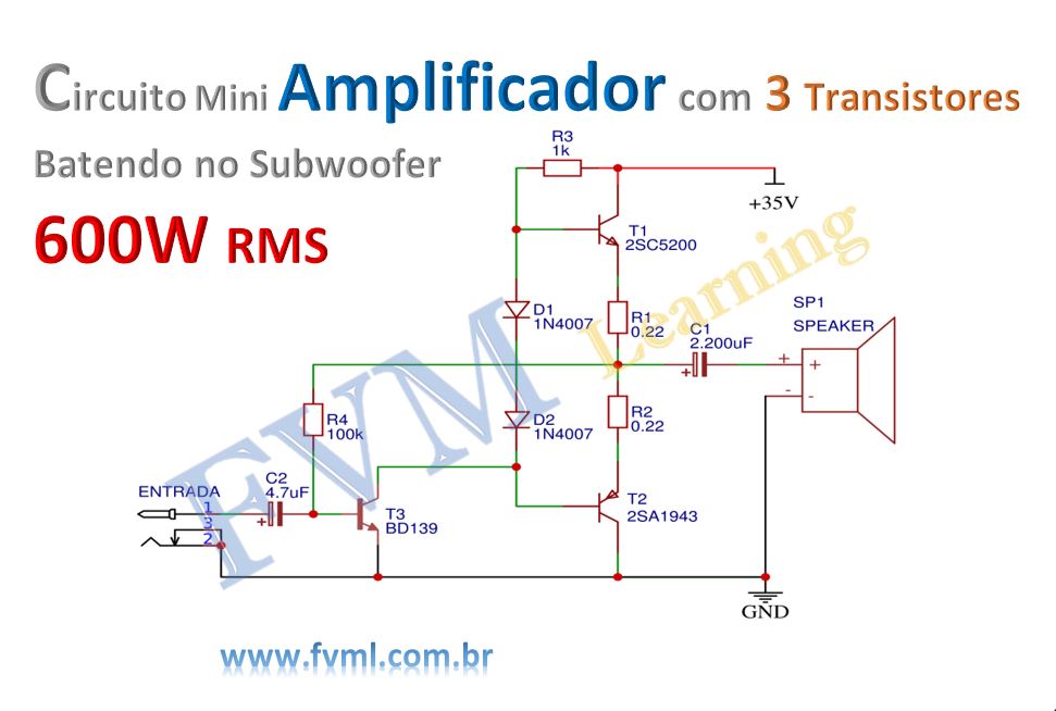 Circuito Mini Amplificador com 3 Transistores Batendo no SUB 600W RMS