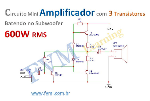 Circuito Mini Amplificador com 3 Transistores Batendo no SUB 600W RMS + PCI