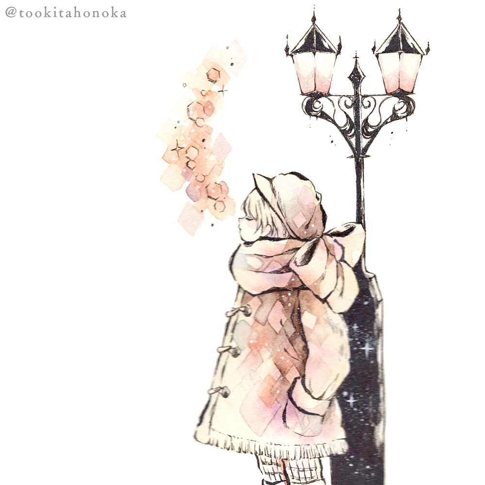 冬のコートの男の子と街灯の水彩アナログイラスト＆メイキング｜手描きのかわいい絵