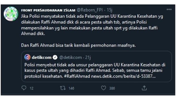 Raffi Ahmad Tak Langgar Prokes, Reborn FPI: Yang Lain Boleh Pesta Juga dong