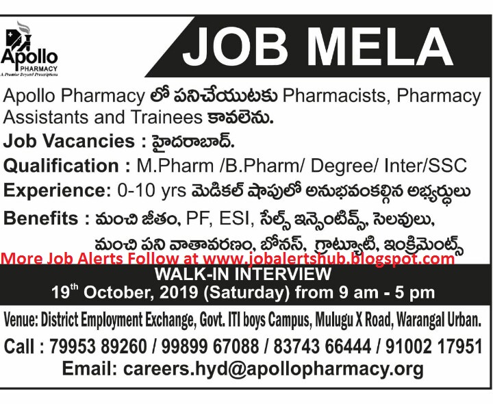 Apollo Pharmacy Job Mela Freshers & Experienced B.Pharm M.Pharm D.Pharm Any Degree