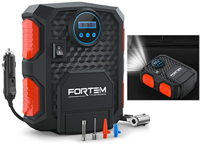 Fortem Tire Inflator with Auto Shut Off - Digital 12V Electric Car Air Compressor Pump with Flashlight