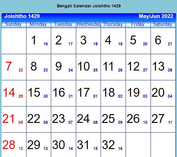 Bengali Calendar Joishtho 1429 : May - June 2022