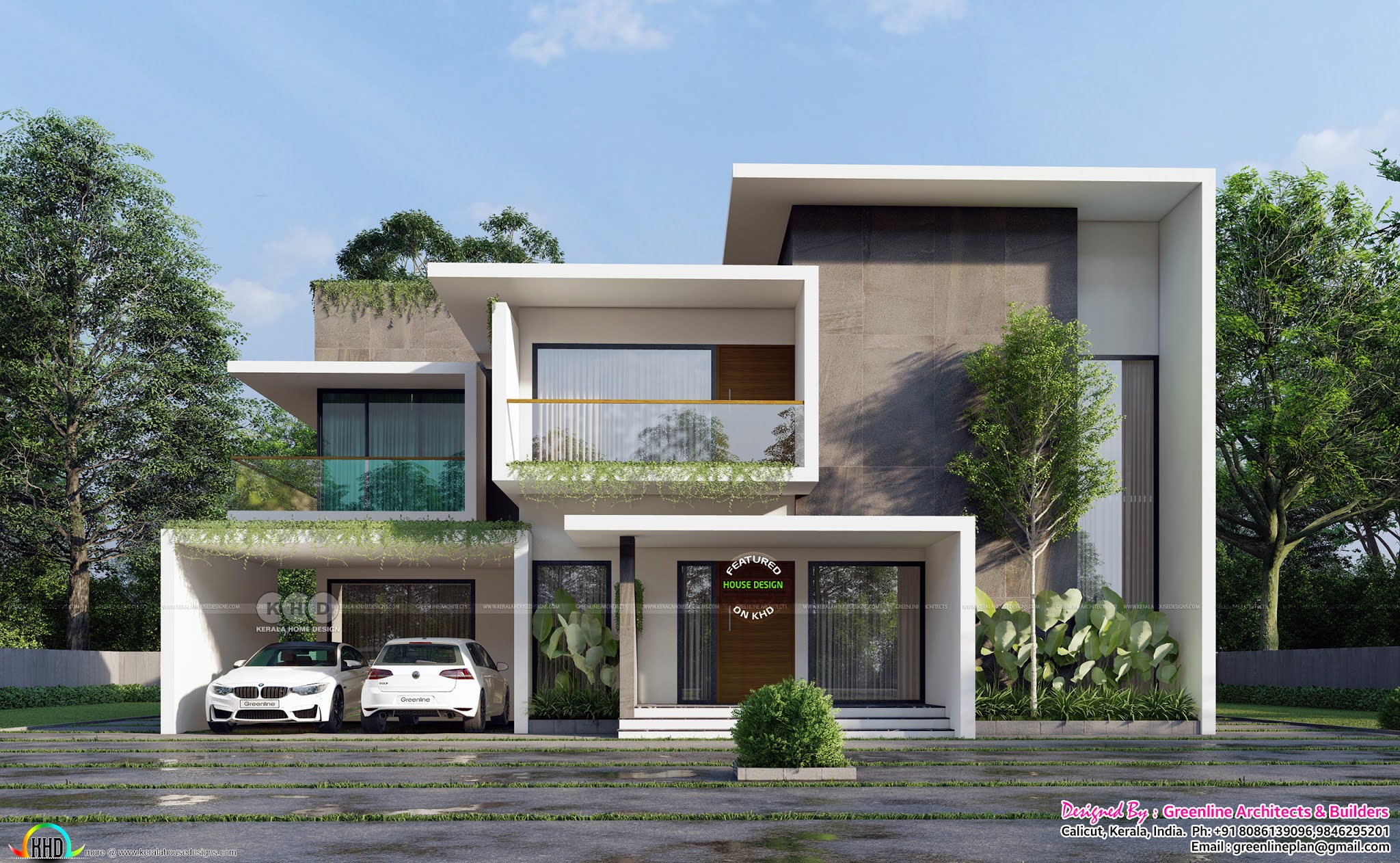 Front and side elevation of a Minimalist house design - Kerala home