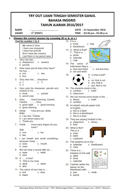 Contoh Soal Uts Bahasa Inggris Kelas 1 Sd
