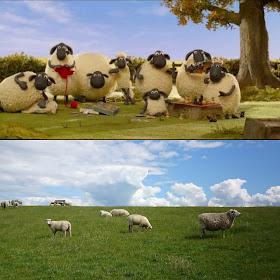 Collage aus zwei Bildern: oben Szenenfotoa su Shaun2-Farmageddon mit Schafen am Stricken und Schachspielen, unten Foto Schafe am Nordseedeich
