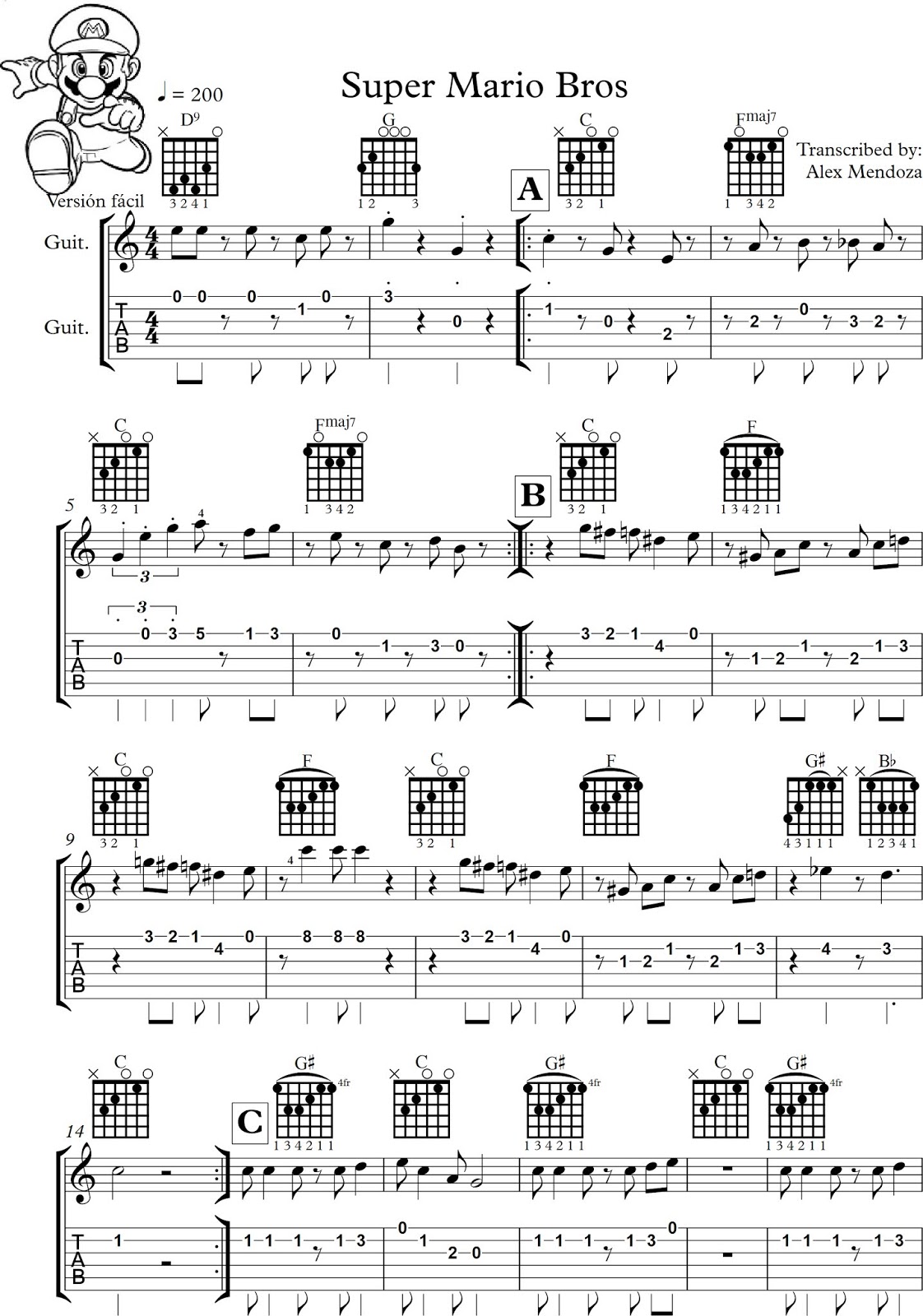 ALEX MENDOZA ( Amen ) Partituras, Letras, Tab, Acordes para Guitarra Super Mario Bros ( Kōji ALEX MENDOZA ( Amen ) Partituras, Letras, Tab, Acordes para Guitarra Super Mario Bros ( Kōji