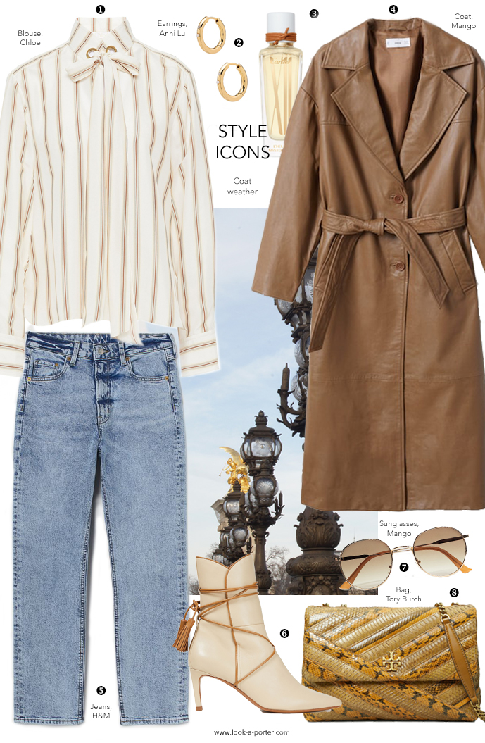 Styling leather trench coat with silk blouse, blue jeans, Tory Burch bag, gold earrings, Cartier perfume and sunglasses. www.look-a-porter.com (C)