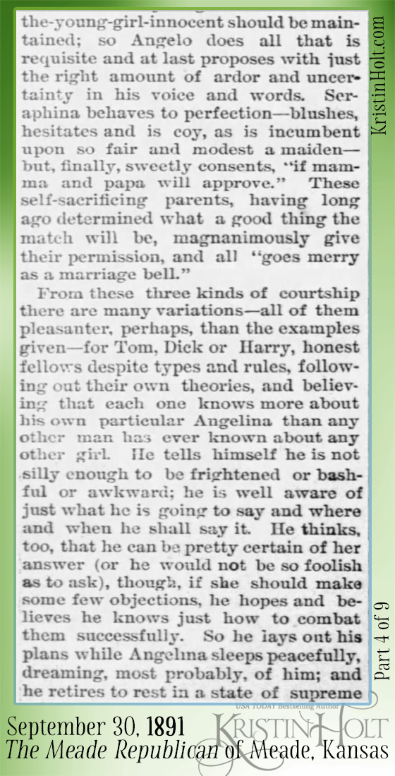 Kristin Holt | Courtship. A Glimpse Into a Paradise Where All is Sunshine and Love. Published in The Meade Republican of Meade, Kansas on September 30, 1891. Part 4. 