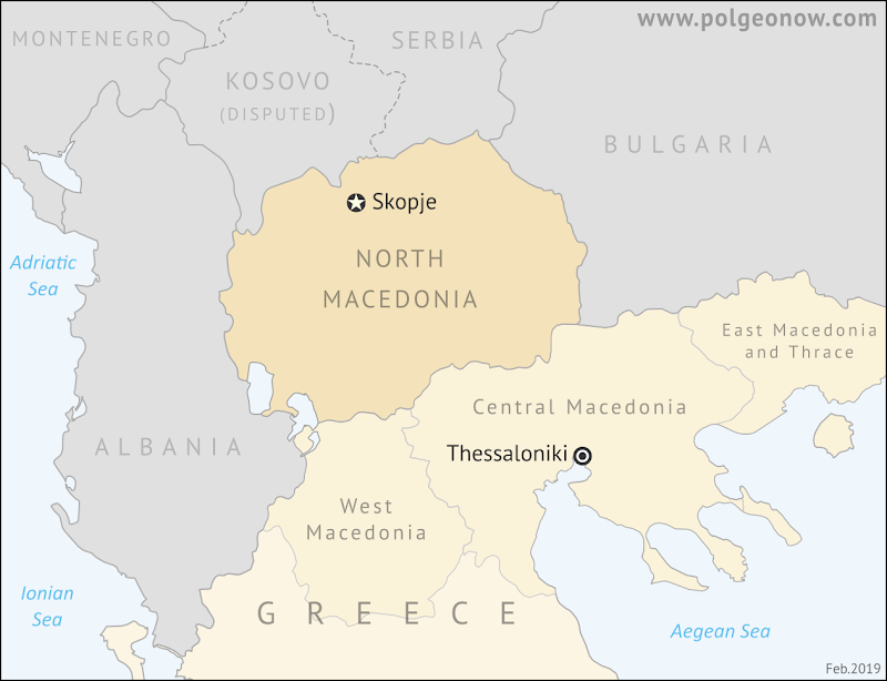 Are there two Macedonias? Where is North Macedonia located? Why is North Macedonia called north? Map of Macedonia, including both the recently renamed North Macedonia as per the Prespa Agreement and the Greek provinces of Macedonia.