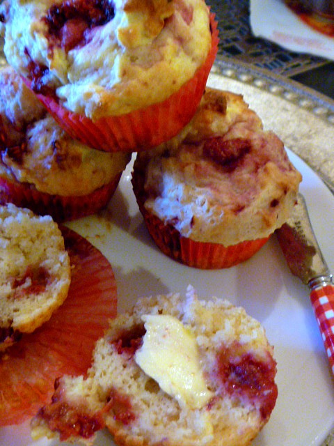 Muffins hot from the oven loaded with raspberries and moist from the sour cream makes these a special Valentine's Day muffin! - Slice of Southern