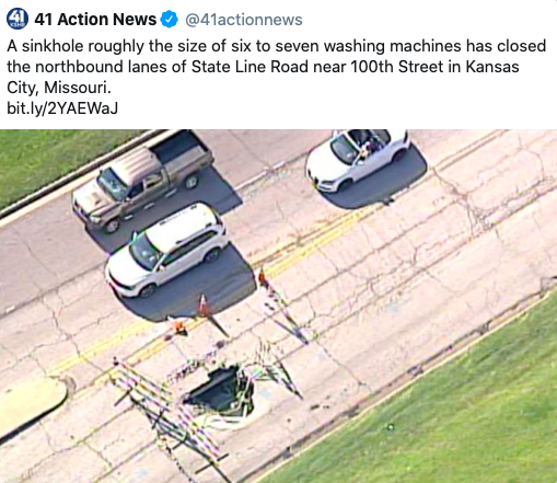 A sinkhole roughly the size of six to seven washing machines has closed the northbound lanes of State Line Road near 100th Street in Kansas City, Missouri