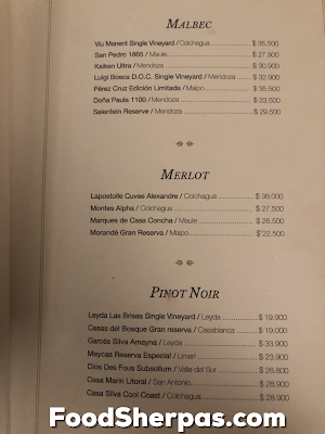 menu from Carnal in Santiago, Chile