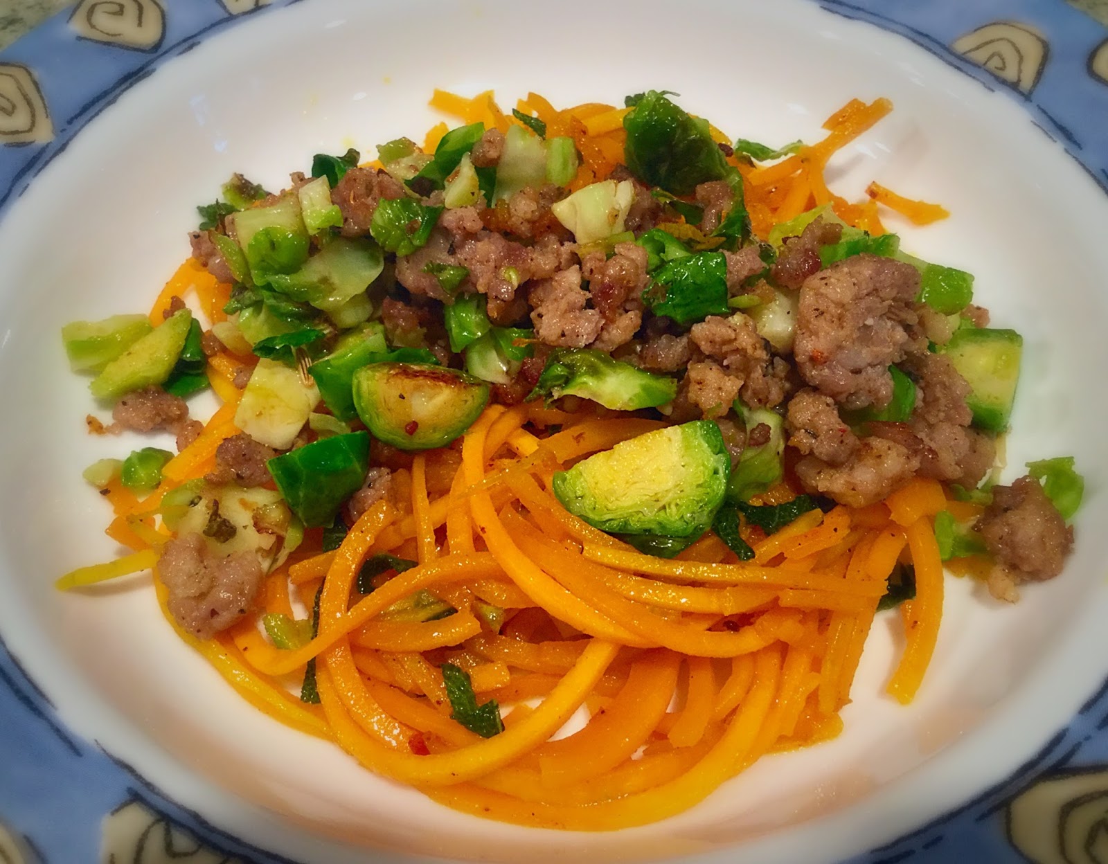 Diabetics Rejoice! Butternut Squash Noodles Topped with Sausage and