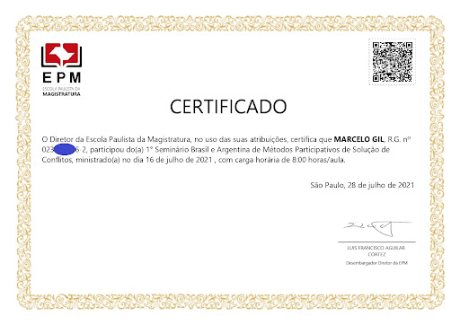 CERTIFICADO CONCEDIDO À MARCELO GIL PELA ESCOLA PAULISTA DA MAGISTRATURA / 2021