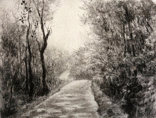 Charcoal painting of a Coorg landscape on Fabriano Academia paper, By Manju Panchal