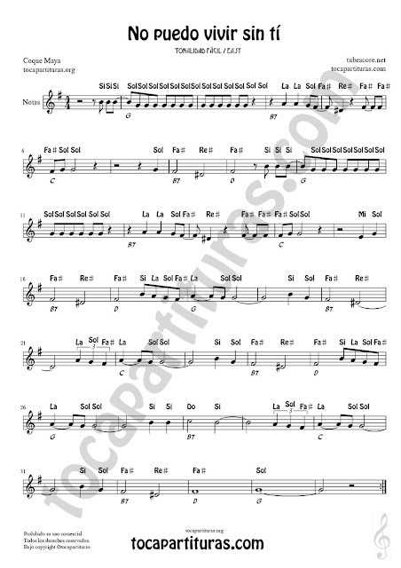 No puedo vivir sin tí Partitura Fácil con Notas en Letra (Do, Re, Mi...) de Flautas, Violín, Saxofones, Clarinete, Corno, Trompeta... y instrumentos en Clave de Sol Spanish Notes Sheet Music for Treble Clef