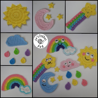 Rainbow, Sun, Shooting Star, Moon & Rain Cloud Crochet Applique Embellishment Pattern