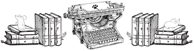 **Alt Text:**   A black‑and‑white illustration features a vintage typewriter with a paw print on the sheet of paper. Stacks of books sit on both sides: on the left, a small cartoon mouse stands atop the books, and on the right, a cartoon elephant balances on the stack. The scene has a playful, literary feel, fitting as a divider for Amber’s book reviews.