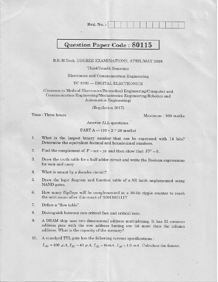 Anna University EC 8392 — DIGITAL ELECTRONICS April/May2019 Question