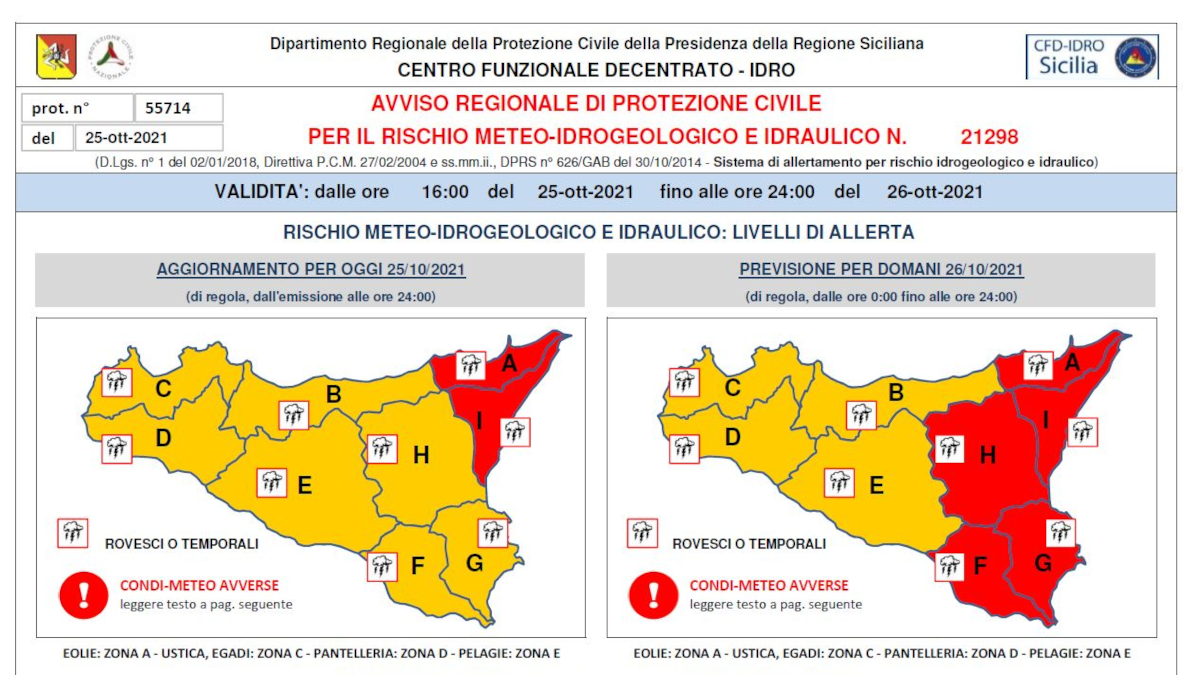 Allerta meteo rossa Catania martedì 26 ottobre Protezione Civile